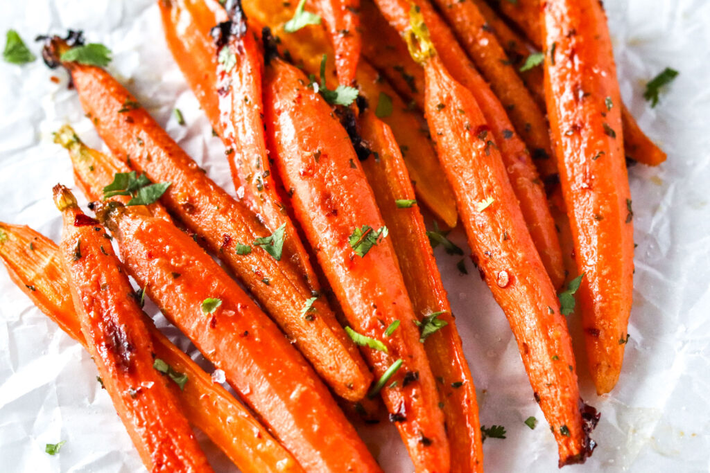 Close up image of honey roasted carrots