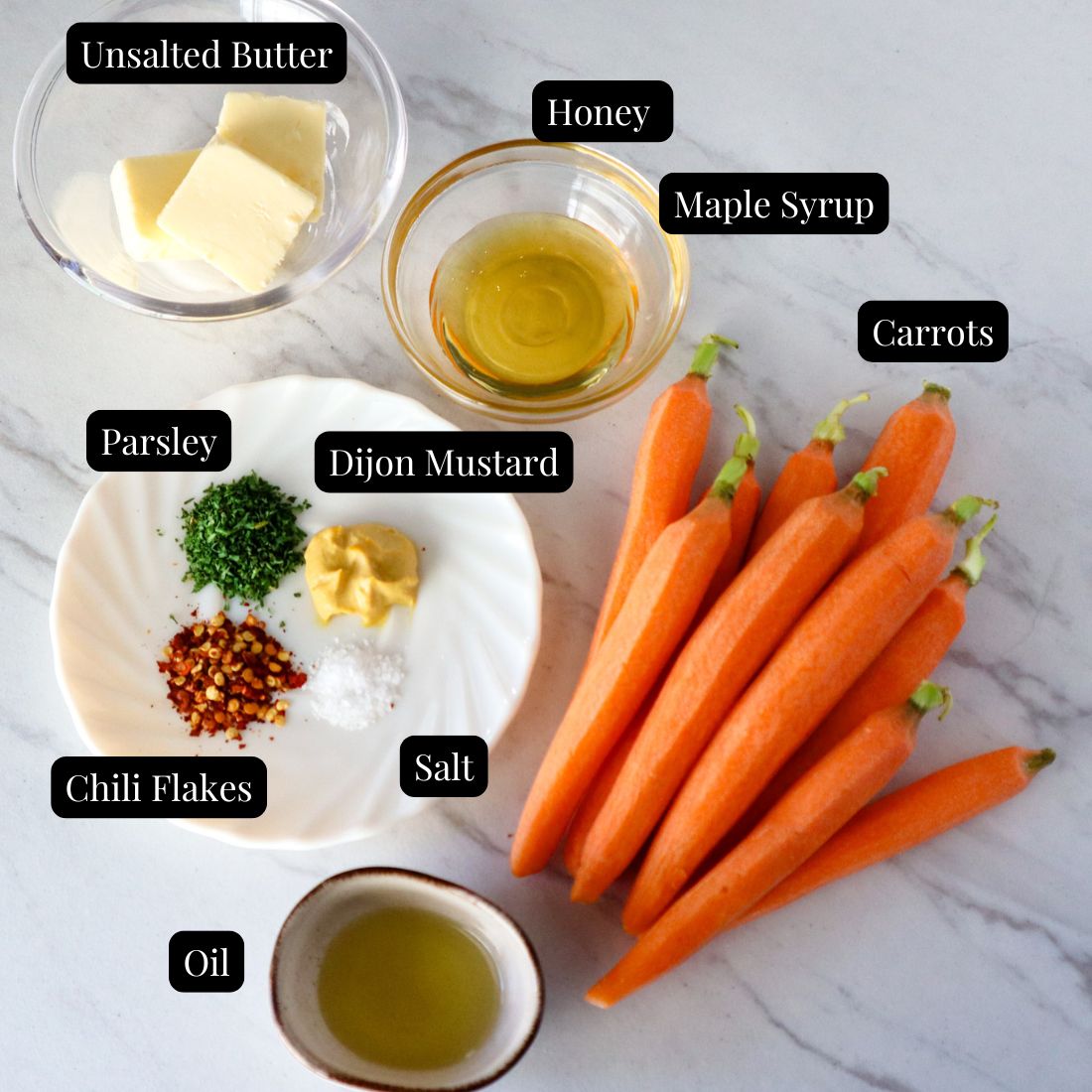 ingredients for honey and maple baked carrots 