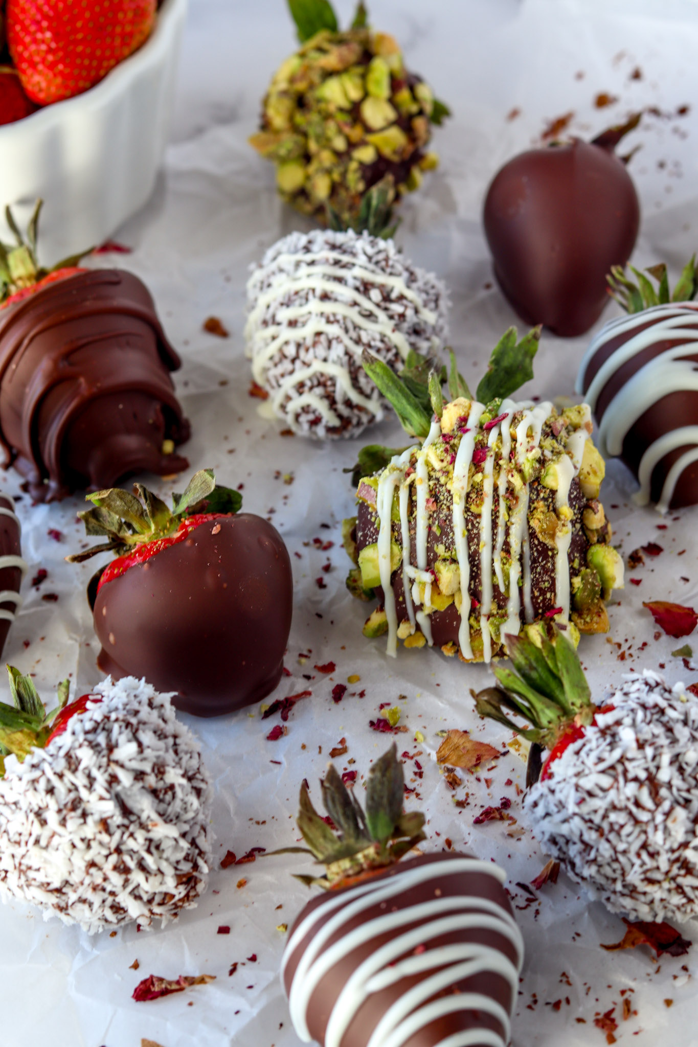 Image of Strawberries dipped in chocolate and crushed pistachios