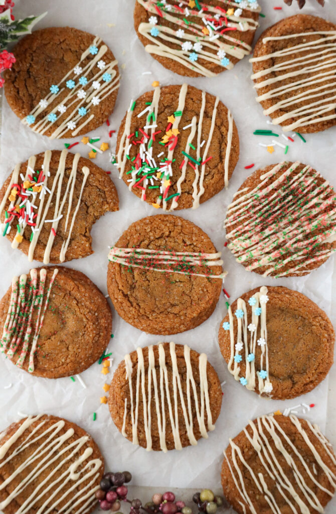 Ginger Molasses Cookies with cardamom glaze and festive sprinkles