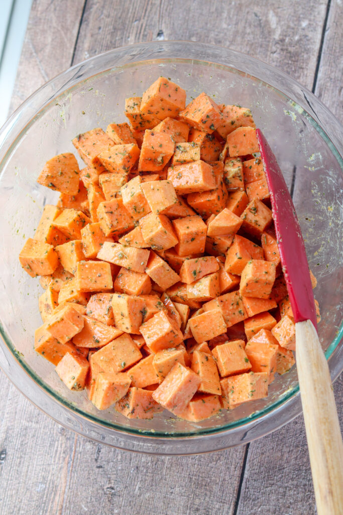 sweet potatoes tossed in oil, lemon juice and spices
