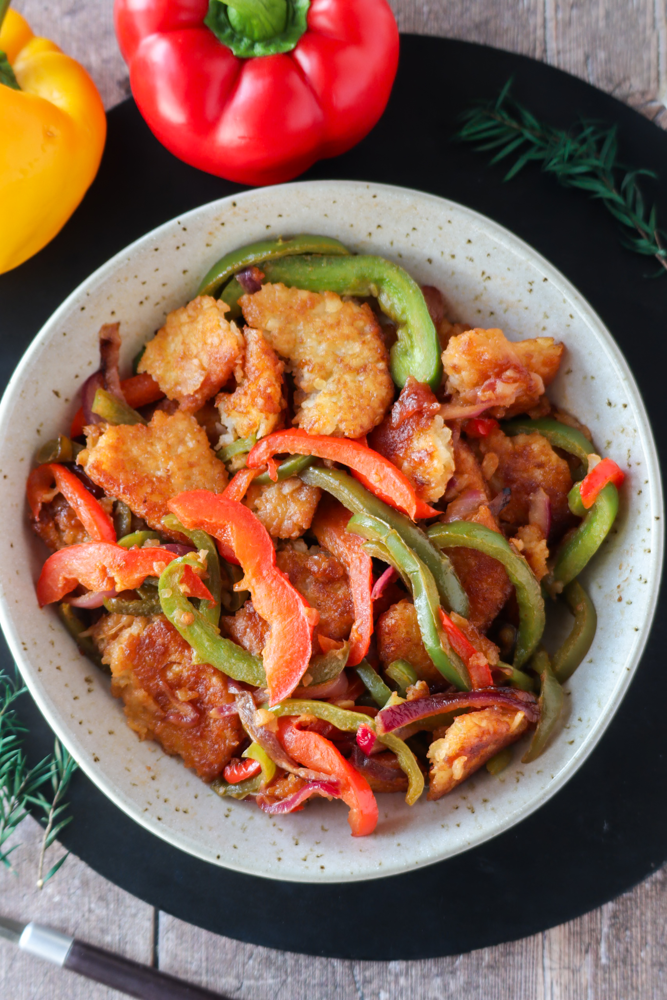 Breakfast skillet with frozen hasbrowns, onions and bell peppers